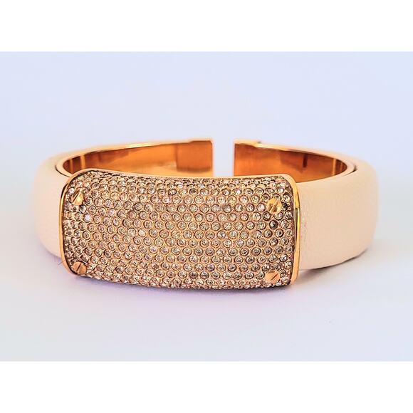 Signed Iconic Henri Bendel Double Hinged Cuff Bracelet Crystals Leather Vintage - Picture 1 of 9